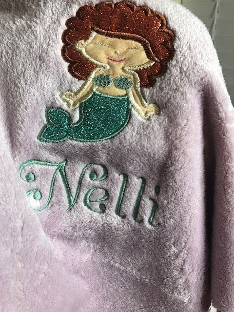 Double Embroidered Mermaid Baby Blanket with Satin Edges