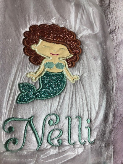 Double Embroidered Mermaid Baby Blanket with Satin Edges