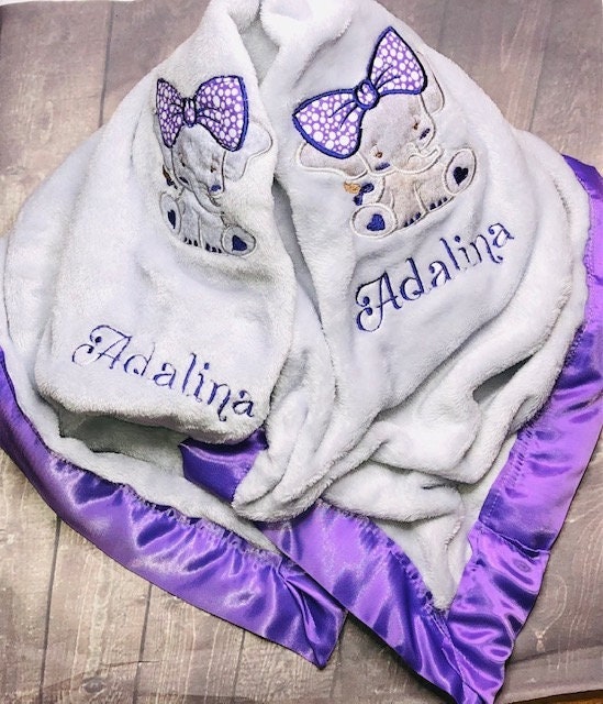 Double Embroidered Elephant Baby Blanket with Satin Edges