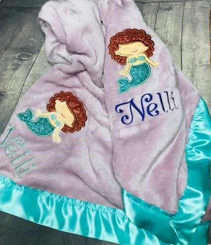 Double Embroidered Mermaid Baby Blanket with Satin Edges
