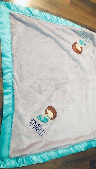 Double Embroidered Mermaid Baby Blanket with Satin Edges